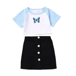 Clothing Sets Toddler Girl Short Sleeve Butterfly Print T Shirt Top Denim Skirt Suit For 3 To 6 Years Baby Floral Pant