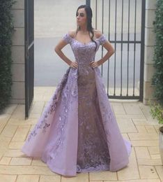 Light Purple Mermaid Evening Dresses with Detachable Train Off the Shoulder Lace Appliqued Evening Gowns Arabic Dubai Prom Dress1135558