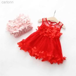Girl's Dresses Childrens New Style Girls Summer Sleeveless Cute Dress Childrens Beautiful Solid Color 3D Petal Mesh Ponchy Skirt d240425