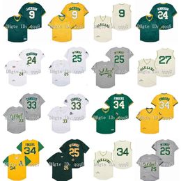 Kob Vintage Baseball Jersey 9 Reggie Jackson 24 Rickey Henderson Mark 25 McGwire 33 Jose Canseco 27 Catfish Hunter 34 Rollie Fingers Green Grey