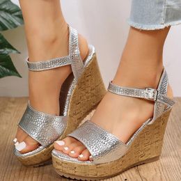 Dress Shoes Women Leopard Print Wedge High Heel Sandals Ankle Buckle Platform Summer Open Toe Thick Bottom Sandles Sandalias Mujer