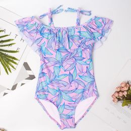 Brand Leaf Print Girl One Piece Swimsuit Summer Girls Kids Swimwear Children Beachwear Kid Swimming Suit Monokini A273 240415