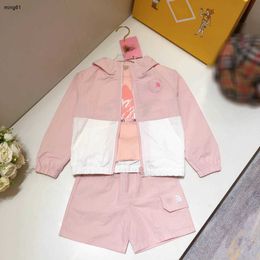 Brand baby tracksuits Summer girls set kids designer clothes Size 100-160 CM Spliced design hooded jacket Round neck T-shirt and shorts 24April