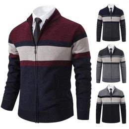 Men's Sweaters Cardigan Zipper Coat Striped Sweater Business Casual Autumn Winter Fleece Warm Stand Collar Y2K Cold Jacket Knit Jumper