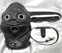 Soft PVC leather bondage Slave Hood Mask Headgear With Silicone Dildos Penis Mouth Plug Gag In Adult Games Fetish Porno Sex Toys F6230546