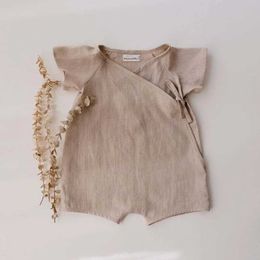 Rompers Soft Breathable Cotton Linen Boys Outfits Summer Newborn Baby Short Sleeve Bodysuit Jumpsuit 0-2Months Toddler Clothing H240425