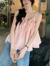 Women's Tanks UCXQ Sweet Style Lace Patchwork Ruffle Edge Strap Elegant Pink All Match Sleeveless Short Top Women 2024 Spring Summer A8381