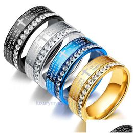 Band Rings Classic Espanha Bíblia Escritura Cruz Casal com Crystal Religion Verso aço inoxidável anel de dedo para homens mulheres moda Dhpem