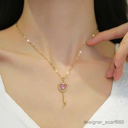 Pendant Necklaces Stainless Steel Jewelry CZ Zirconia Pink Crystal Love Heart Key Pendant Necklace For Women Gift 40+5cm Chain collares