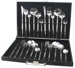 24pcs Cutlery Set 304 Stainless Steel Silver Dinnerware Set Knife Dessert Fork Spoon Silverware Kitchen Tableware Set Black Box 204363871