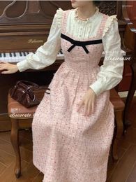 Casual Dresses Korean Elegant Fashion Woman Tweed Long For Women 2024 Spring French Vintage Small Fragrance Bow Fairy Dress Vestido