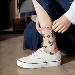 Women Socks Mesh Women's Glass Stockings Cute Ultra-thin Stretch Sheer Ladies Rose Flower Calf