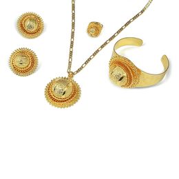 4pcs/Set Gold Bangle Ring Earrings For Women Cross Pendant Necklace Eritrea Africa Ethnic Ethiopian Ethiopia Bridal Jewellery Sets 240424