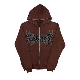 Men's Hoodies Sweatshirts Grunge Zip Up Hoodie T-shirt with printed letters long Sve sports shirt Gothic punk Y2k autumn and winter womens hoodie top H240429