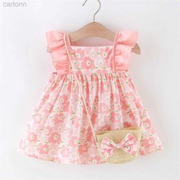 Girl's Dresses 2-Piece/Set Free Woven Bag Girls Dress Summer Flying Sleeves Flower Bow Pastoral Style Dress 0-3 Years Old d240425