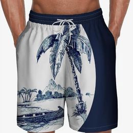 Men's Shorts 2024 Summer Beach Coconut Graphic Print Lace-Up Oversized Holiday Trunks Quick-Drying Sports Pants