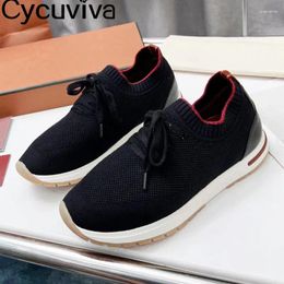Casual Shoes Knitted Lace Up Flat Walk Women Loafers Breathable Mesh Comfort Ladies Vulcanised Sneakers