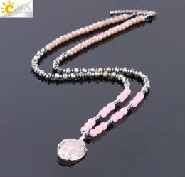 CSJA Chakra Sweater Necklace for Women Natural Pink Rose Quartz Crystal Drop Pendant Gemstone Statement Necklaces Tree of Life Jew1415148