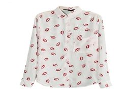 Flower Printed Women White Turndown Collar Shirt Red Lip Print Blouse Long Sleeve M Women039s Blouses Shirts5229294