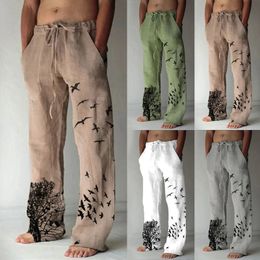 Mens Cotton Pants Summer Breathable Tree Bird Print Drawstring Linen Trousers Fitness Streetwear Male Daily Casual Pants 240422