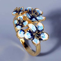 Band Rings 925 Silver Creative Blue Flower Enamel Epoxy Zircon Ring For Women Jewellery Wedding Party Engagement Bohemia H240425