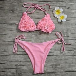 Women's Swimwear Handmade Flower Two-piece Swimsuit Women Lace Sexy Bra Thong Bikini Set 2024 Beach Bathing Suit Summer Clothing