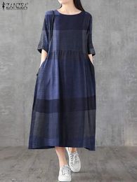 ZANZEA Women Cotton Linen Dresses Vintage Plaid Half Sleeve Midi Vestidos Casual Oneck Long Sundress 2023 Holiday Pocket Robes 240422