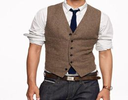 Vintage Brown Tweed Vest Wool Herringbone Groom Vests British Style Mens Suit Vests Slim Fit Mens Dress Vest Custom Wedding Waistc1834802