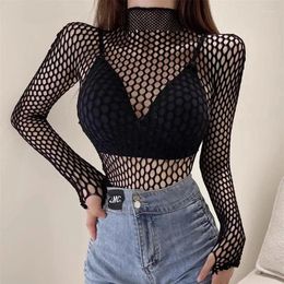 Women's T Shirts Sexy T-shirt For Women Goth Black Skinny Mesh See Through Long Sleeve Tees Pullover Crop Top Gothic Y2k Turtleneck