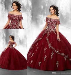 Burgundy Off Shoulder Tulle Ball Gown Quinceanera Dresses Embroidery Lace Applique Beaded Sweep Train Party Princess Prom Dresses 4624567