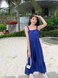 Casual Dresses 2024 Summer Boho Dress Sexy Ruffles Sleeveless Women Blue Long Elegant Pure Colour Cotton Maxi Vestidos