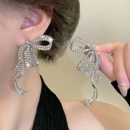 Dangle Earrings Luxury Full Rhinestone Bowknot For Women Exaggerated Elegant Ribbon Bow Long Tassel Wedding Jewellery Gifts