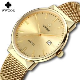 Cases Gold Watch Men WWOOR Top Brand Famous Male Clock Steel Mesh Waterproof Watch Luxury Golden Quartz Wrist Watch Relogio Masculino