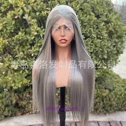 Finest Wig Hairstyles For Women 13x4 front lace wig dark gray synthetic fiber long straight hair matte high-temperature silk headband cover