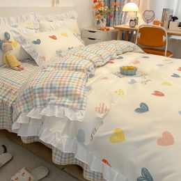 sets Simple Bedding Set Cute Girl Ruffle Lace Duvet Cover Bed Sheet Pillowcase Kawaii Cartoon Flower Quilt Cover 240x220cm