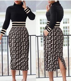 Summer Women's casual High necked split waistband wrapped hip dress business office OL style Bodycon Long Sleeve pencil fashion dresses skirt for girls lady