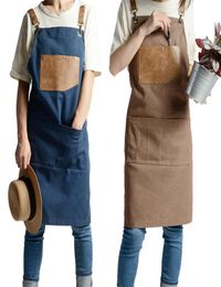 Fashion Adjustable PU Canvas Apron Coffee Shop Barber Aprons Bib Cooking Kitchen Aprons For Woman Man Work Apron With Pockets LJ202643615