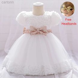 Girl's Dresses Infant Sequin Bow Baptism Dress for Girl Toddler 1st Birthday Kids Clothing Party White First Communion Dresses for Baby Vestido d240425