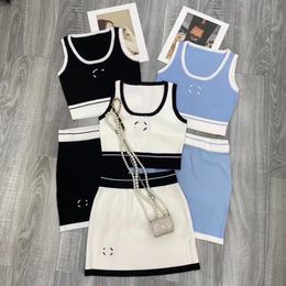 Women's high quality knitted logo designer short tank top and skirt twinset 2 pc dress suit SML