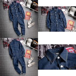 One Men's Piece Denim Bib with Jackets Long Sleeve Cargo Overalls Jeans Jumpsuits for Male Work Suit Stage Costumes 201111