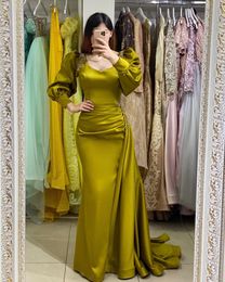 Yellow mermaid Muslim Evening Dresses elegant puffy long sleeves Turkish Kaftan Dress pleats beaded satin train special occasion Formal dresses for women