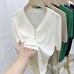 Women's Sweaters Summer Ice Silk V-Neck Short Sleeved T-shirt Solid Fashion Casual Loose Age Reducing Thin Top Ladies Pullover Q515