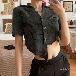 Women's Blouses Irregular Design Hem Shirt For Women Short Top Summer Sleeve Turn Collar Chain Buttons Cool Tops 2024