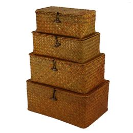 Jewellery Pouches Seagrass Storage Baskets With Lids Woven Rectangular Basket Bins Wicker Organiser For Shelf Set Of 4