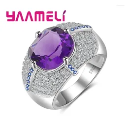 Cluster Rings 925 Sterling Silver Wide Face Ring Embellished With Big Purple Crystal Stone Cubic Zirconia Birthday Gift
