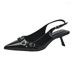 Sandals Pointed Toe Sexy Mid Heels Party Shoes Women Designer Black Pumps Slingback Casual Dress Belt Buckle Decoration