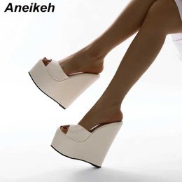 Dress Shoes Aneikeh 2024 Fashion Peep Toe Wedges Heel Outside Women Slippers Concise PU Platform Slip On Summer Beach Mules Apricot 35-42 H240425