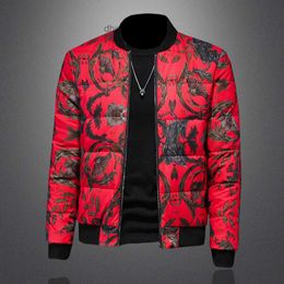 Handsome Plus Size Casual Mens Down Jacket Flower Graffiti Ladies Winter Coat Trend Short Shiny Stand Collar Lightweight Top 5XL200 pounds available