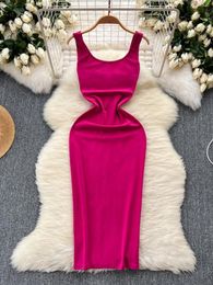 Casual Dresses Foamlina Women Sexy Tank Dress 2024 Summer Chic Solid O Neck Sleeveless Slim Stretch Sash Bow Tied Bodycon Long Party Club