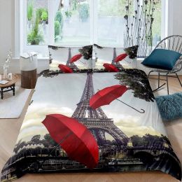 sets Paris Duvet Cover Vintage Eiffel Tower Red Umbrella Soft Breathable Paris Bedding Set Microfiber Double Queen King Quilt Cover